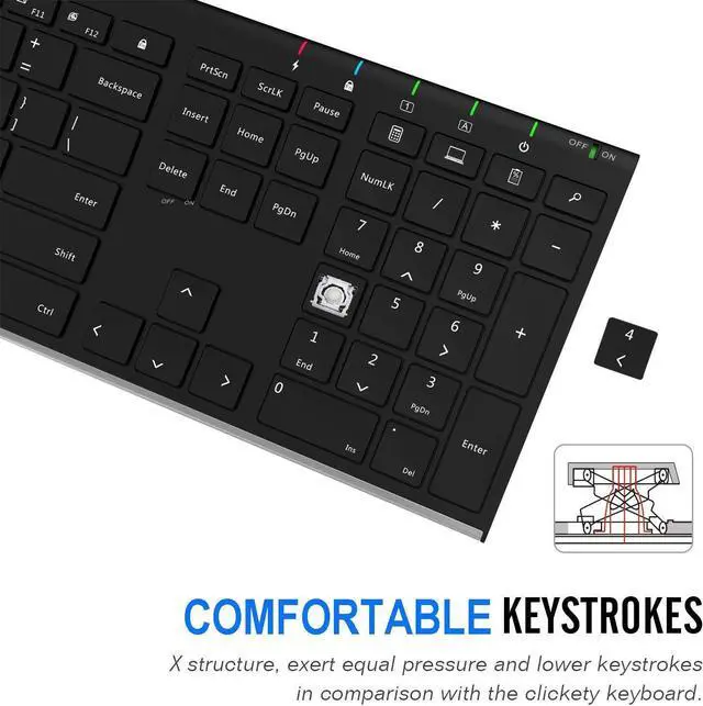 Alt view image 2 of 7 - Arteck 2.4G Wireless Keyboard Stainless Steel Ultra Slim Full Size Keyboard with Numeric Keypad for Computer/Desktop/ PC/Laptop/ Surface/Smart TV and Windows 10/8/ 7 Built in Rechargeable Battery