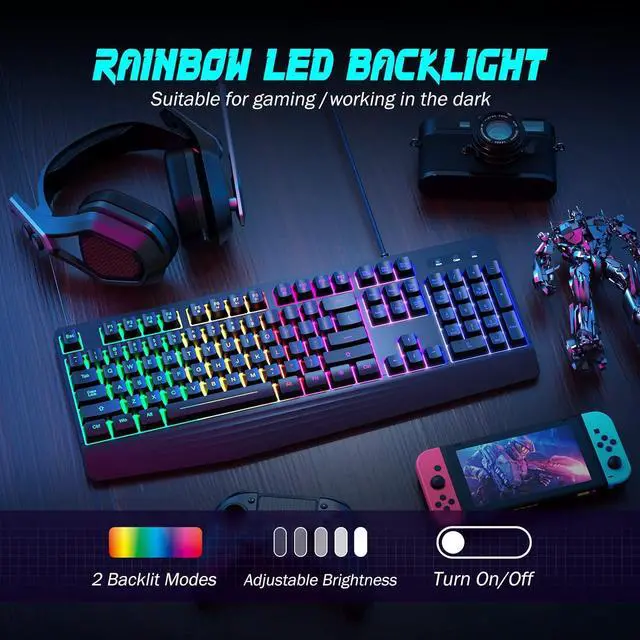 Alt view image 6 of 7 - Gaming Keyboard, 7-Color Rainbow LED Backlit, 104 Keys Quiet Light Up Keyboard with Wrist Rest, Multimedia Keys, Whisper Silent, 19 Anti-ghosting Keys, Waterproof Office Wired Keyboard for PC Mac Xbox