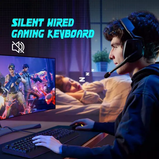 Alt view image 7 of 7 - Gaming Keyboard, 7-Color Rainbow LED Backlit, 104 Keys Quiet Light Up Keyboard with Wrist Rest, Multimedia Keys, Whisper Silent, 19 Anti-ghosting Keys, Waterproof Office Wired Keyboard for PC Mac Xbox