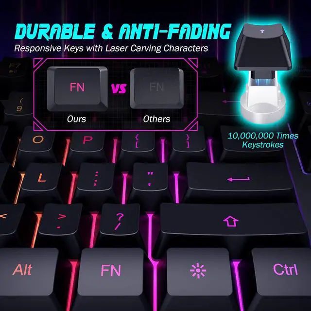 Alt view image 5 of 7 - Gaming Keyboard, 7-Color Rainbow LED Backlit, 104 Keys Quiet Light Up Keyboard with Wrist Rest, Multimedia Keys, Whisper Silent, 19 Anti-ghosting Keys, Waterproof Office Wired Keyboard for PC Mac Xbox