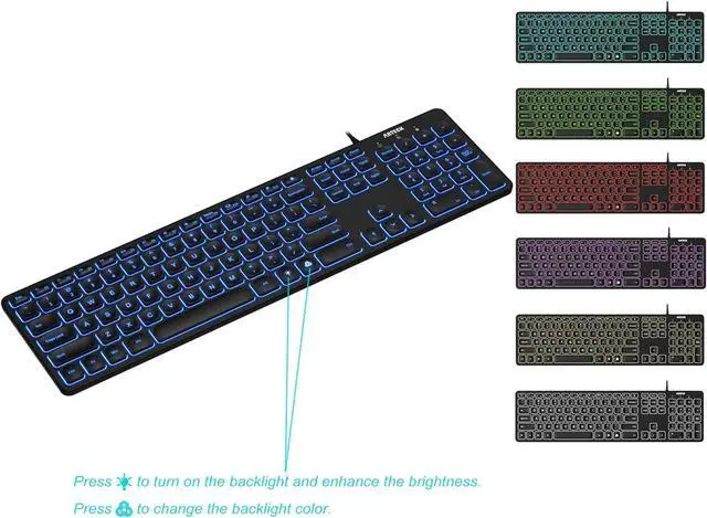 Alt view image 3 of 6 - Arteck USB Wired Keyboard Universal Backlit 7-Colors & Adjustable Brightness Full Size Keyboard with 4 Feet Wire, Numeric Keypad and Media Hotkey for Computer Desktop PC Laptop and Windows 11 10 8 7