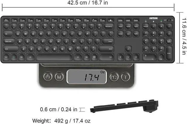 Alt view image 2 of 6 - Arteck 2.4G Wireless Keyboard Ultra Slim Full Size Keyboard with Numeric Keypad and Media Hotkey for Computer/Desktop/PC/Laptop/Surface/Smart TV and Windows 10/8/ 7 Built-in Rechargeable Battery