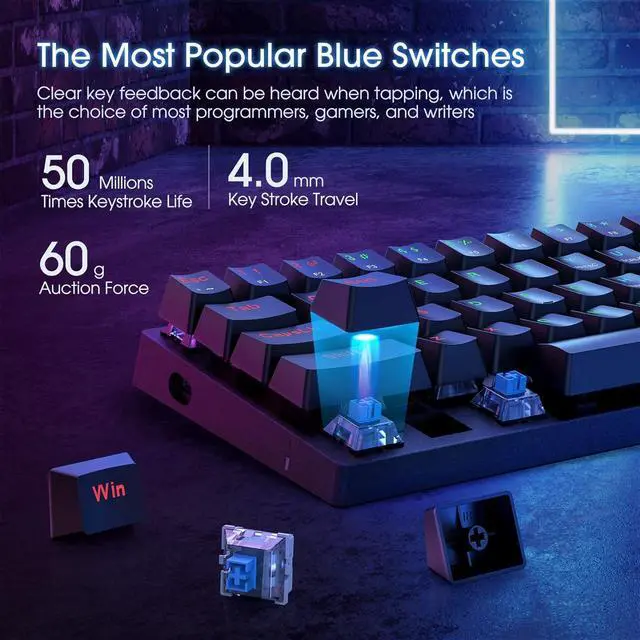 Alt view image 5 of 6 - Portable 60% Mechanical Gaming Keyboard,60 Percent Wired Gamer Keyboard with Blue Switches,LED Customization Backlit,61 Keys Ultra-Compact Mini Office Keyboard for PC/Mac/Xbox,Easy to Carry On Trip