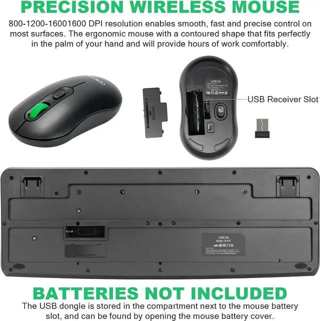 Alt view image 2 of 6 - Wireless Keyboard and Mouse Combo, 2.4G Full Size Ergonomic Keyboard and Mouse, 3 DPI Adjustable, USB Receiver, Silent Click, Compatible with PCs and Laptops (Black)