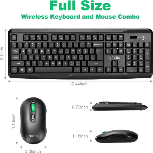 Alt view image 6 of 6 - Wireless Keyboard and Mouse Combo, 2.4G Full Size Ergonomic Keyboard and Mouse, 3 DPI Adjustable, USB Receiver, Silent Click, Compatible with PCs and Laptops (Black)