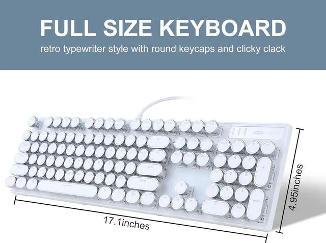 Alt view image 4 of 7 - Typewriter Style Mechanical Gaming Keyboard, White Retro Punk Gaming Keyboard with Blue Backlit, 104 Keys Blue Switch Wired Cute Keyboard, Round Keycaps for Windows/Mac/PC