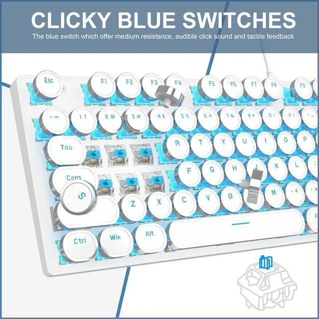 Alt view image 3 of 7 - Typewriter Style Mechanical Gaming Keyboard, White Retro Punk Gaming Keyboard with Blue Backlit, 104 Keys Blue Switch Wired Cute Keyboard, Round Keycaps for Windows/Mac/PC