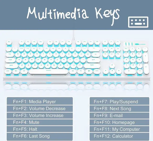 Alt view image 2 of 7 - Typewriter Style Mechanical Gaming Keyboard, White Retro Punk Gaming Keyboard with Blue Backlit, 104 Keys Blue Switch Wired Cute Keyboard, Round Keycaps for Windows/Mac/PC