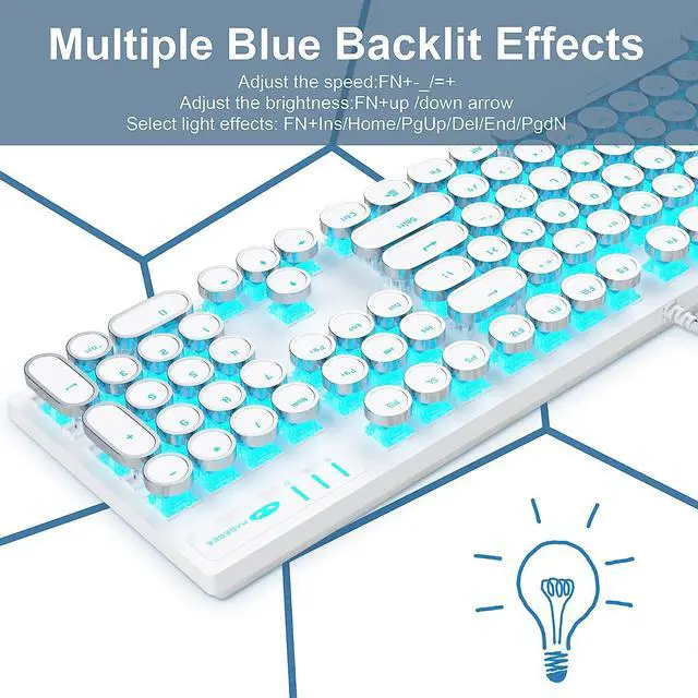 Alt view image 6 of 7 - Typewriter Style Mechanical Gaming Keyboard, White Retro Punk Gaming Keyboard with Blue Backlit, 104 Keys Blue Switch Wired Cute Keyboard, Round Keycaps for Windows/Mac/PC