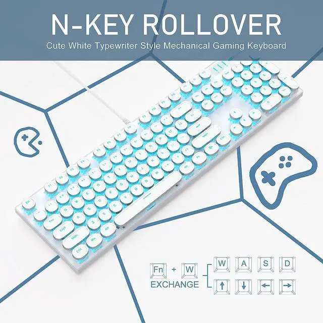 Alt view image 5 of 7 - Typewriter Style Mechanical Gaming Keyboard, White Retro Punk Gaming Keyboard with Blue Backlit, 104 Keys Blue Switch Wired Cute Keyboard, Round Keycaps for Windows/Mac/PC