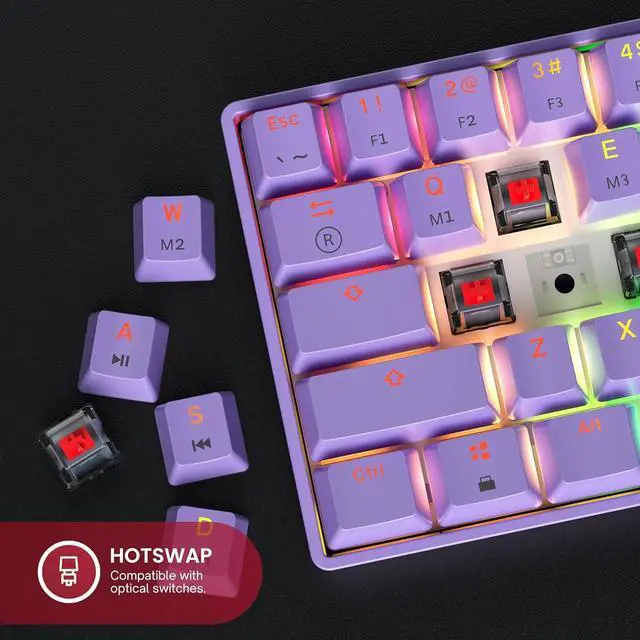 Alt view image 6 of 7 - GK61 Mechanical Gaming Keyboard - 61 Keys Multi Color RGB Illuminated LED Backlit Wired Programmable for PC/Mac Gamer (Gateron Optical Brown, Lavender)