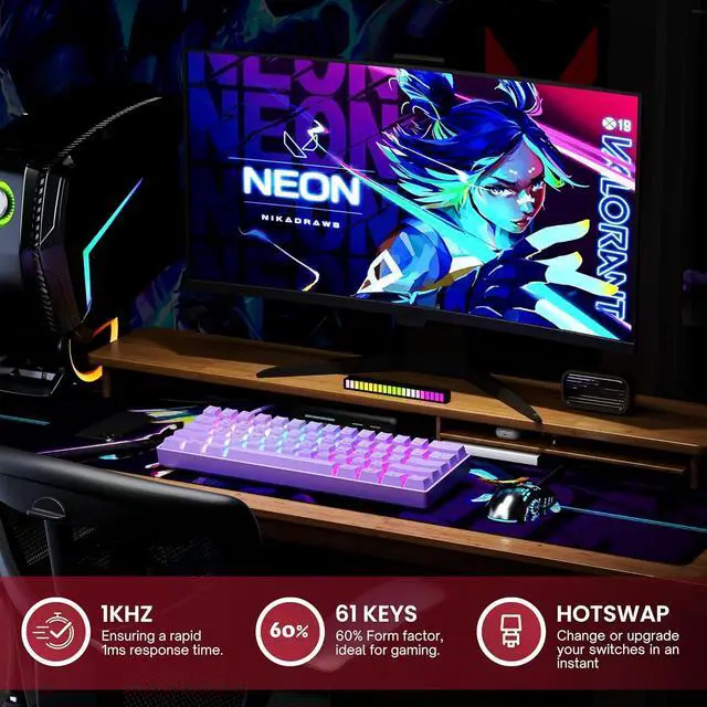 Alt view image 5 of 7 - GK61 Mechanical Gaming Keyboard - 61 Keys Multi Color RGB Illuminated LED Backlit Wired Programmable for PC/Mac Gamer (Gateron Optical Brown, Lavender)