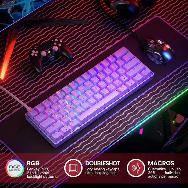 Alt view image 3 of 7 - GK61 Mechanical Gaming Keyboard - 61 Keys Multi Color RGB Illuminated LED Backlit Wired Programmable for PC/Mac Gamer (Gateron Optical Brown, Lavender)