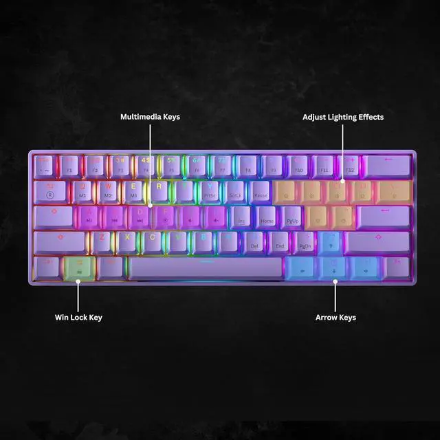 Alt view image 7 of 7 - GK61 Mechanical Gaming Keyboard - 61 Keys Multi Color RGB Illuminated LED Backlit Wired Programmable for PC/Mac Gamer (Gateron Optical Brown, Lavender)