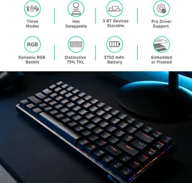Alt view image 6 of 7 - RK ROYAL KLUDGE RK84 Wireless Bluetooth/2.4Ghz 75% RGB Mechanical Gaming Keyboard, Three Modes Connectable Keyboard with Hot-Swappable Tactile Brown Switch