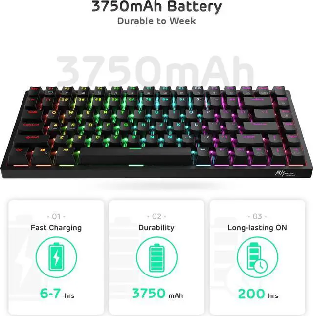 Alt view image 4 of 7 - RK ROYAL KLUDGE RK84 Wireless Bluetooth/2.4Ghz 75% RGB Mechanical Gaming Keyboard, Three Modes Connectable Keyboard with Hot-Swappable Tactile Brown Switch