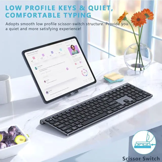 Alt view image 5 of 5 - Lekvey Multi Device Bluetooth Keyboard, Rechargeable Wireless Keyboard, 3-in-1 Slim Keyboard with Number Pad, Full Size Keyboard for Mac, MacBook Air/Pro, iPad, Windows Tablet Laptop, Space Grey