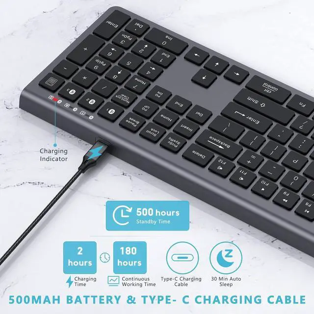 Alt view image 3 of 5 - Lekvey Multi Device Bluetooth Keyboard, Rechargeable Wireless Keyboard, 3-in-1 Slim Keyboard with Number Pad, Full Size Keyboard for Mac, MacBook Air/Pro, iPad, Windows Tablet Laptop, Space Grey