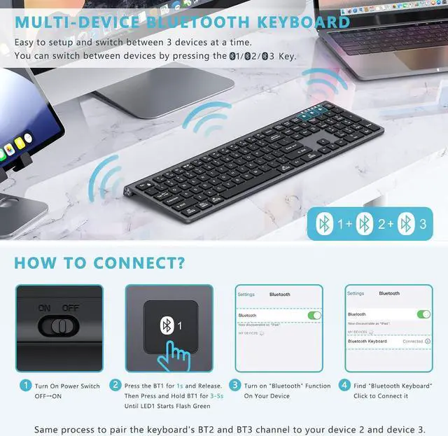 Alt view image 2 of 5 - Lekvey Multi Device Bluetooth Keyboard, Rechargeable Wireless Keyboard, 3-in-1 Slim Keyboard with Number Pad, Full Size Keyboard for Mac, MacBook Air/Pro, iPad, Windows Tablet Laptop, Space Grey