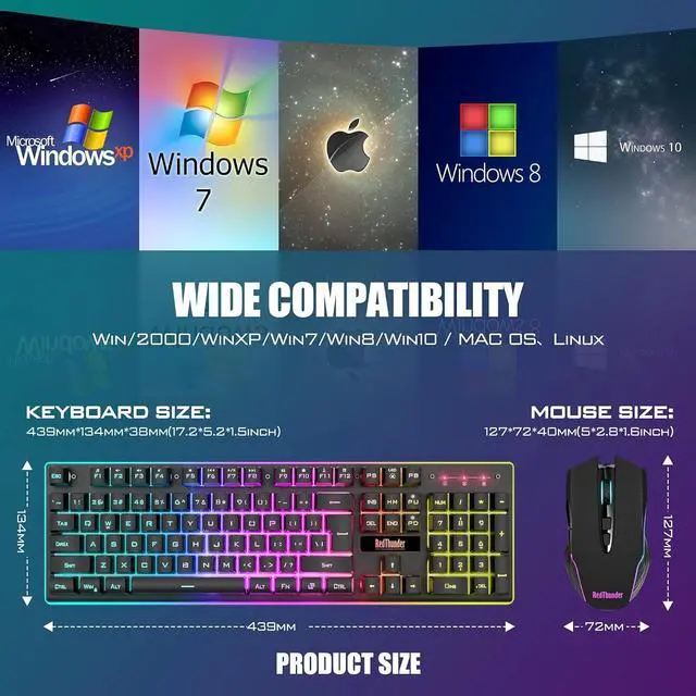 Alt view image 6 of 6 - RedThunder K10 Wireless Gaming Keyboard and Mouse Combo, LED Backlit Rechargeable 3800mAh Battery, Mechanical Feel Anti-ghosting Keyboard + 7D 3200DPI Mice for PC Gamer (Black)