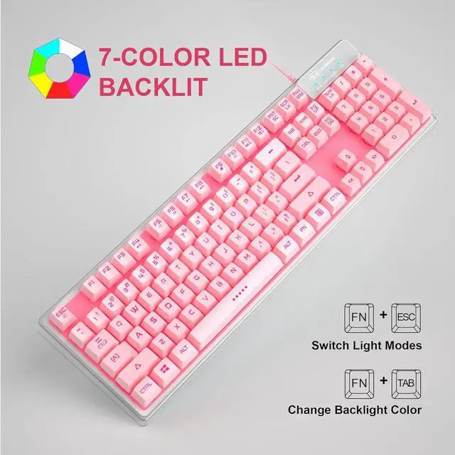 Alt view image 2 of 7 - Gaming Keyboard, 7 Solid Colors Backlit Wired Gaming Keyboard with Clear Housing and Double-Shot Keycaps, MageGee K1 Waterproof Ergonomic 104 Keys Light Up Keyboard for PC Desktop Laptop, Pink