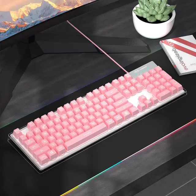 Alt view image 5 of 7 - Gaming Keyboard, 7 Solid Colors Backlit Wired Gaming Keyboard with Clear Housing and Double-Shot Keycaps, MageGee K1 Waterproof Ergonomic 104 Keys Light Up Keyboard for PC Desktop Laptop, Pink