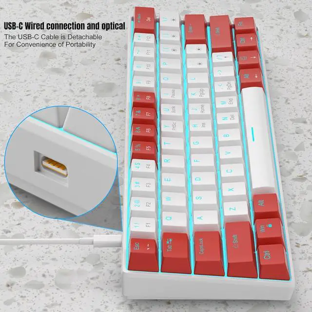 Alt view image 3 of 6 - Mini 60% Mechanical Keyboard, Blue Backlit Gaming Keyboard, 61 Key Ultra-Compact Small Wired Keyboard with Blue/red Switches, Portable Office Computer Keyboard for for PC Gamer (Red White Blue Switche