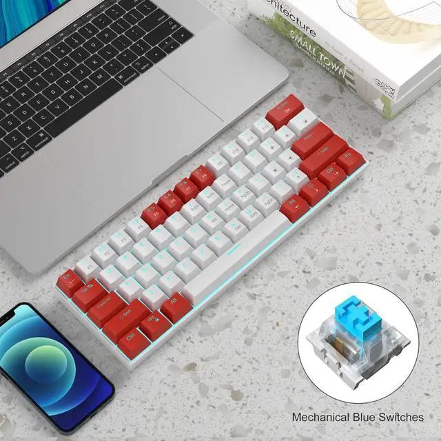 Alt view image 6 of 6 - Mini 60% Mechanical Keyboard, Blue Backlit Gaming Keyboard, 61 Key Ultra-Compact Small Wired Keyboard with Blue/red Switches, Portable Office Computer Keyboard for for PC Gamer (Red White Blue Switche