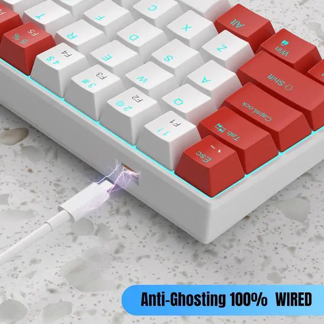 Alt view image 5 of 6 - Mini 60% Mechanical Keyboard, Blue Backlit Gaming Keyboard, 61 Key Ultra-Compact Small Wired Keyboard with Blue/red Switches, Portable Office Computer Keyboard for for PC Gamer (Red White Blue Switche