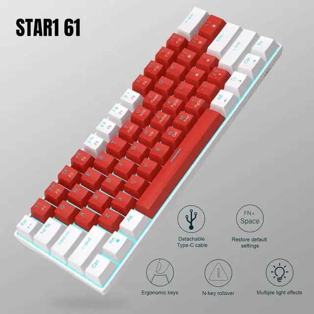Alt view image 2 of 6 - Mini 60% Mechanical Keyboard, Blue Backlit Gaming Keyboard, 61 Key Ultra-Compact Small Wired Keyboard with Blue/red Switches, Portable Office Computer Keyboard for for PC Gamer (Red White Blue Switche