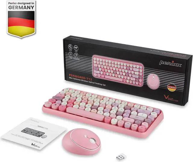 Alt view image 3 of 7 - Perixx PERIDUO-713 Wireless Mini Keyboard and Mouse Combo, Retro Round Key Caps, Pastel Pink, US English Layout