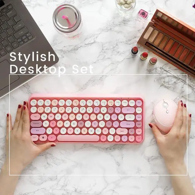 Alt view image 6 of 7 - Perixx PERIDUO-713 Wireless Mini Keyboard and Mouse Combo, Retro Round Key Caps, Pastel Pink, US English Layout