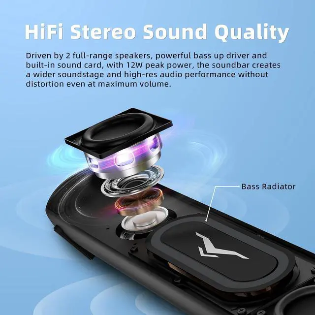 Alt view image 4 of 6 - Computer Speakers, Dynamic RGB Computer Sound Bar, HiFi Stereo Bluetooth 5.3 & USB Plug-N-Play, USB Powered Computer Speakers for Desktop, PC, Laptop, Monitor, Projector, Gaming, with 3.5mm Aux Cable