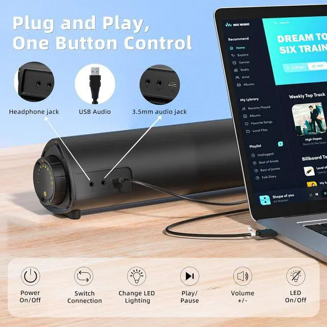 Alt view image 2 of 6 - Computer Speakers, Dynamic RGB Computer Sound Bar, HiFi Stereo Bluetooth 5.3 & USB Plug-N-Play, USB Powered Computer Speakers for Desktop, PC, Laptop, Monitor, Projector, Gaming, with 3.5mm Aux Cable