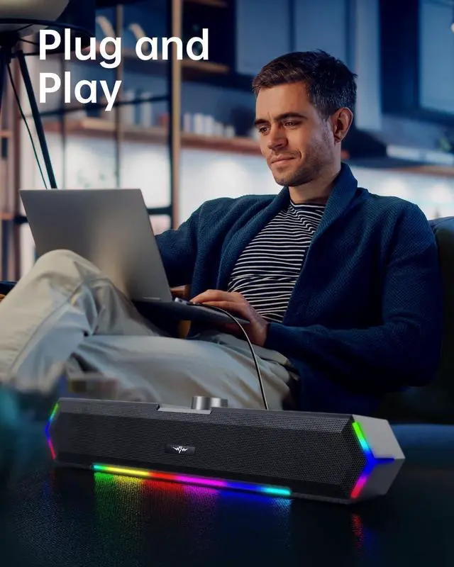 Alt view image 4 of 6 - Bazivve V30 Computer Speakers for Monitor, USB Powered PC Speakers, Colorful RGB Lights with Touch Pad, Surround Sound Portable Gaming Soundbar, 3,5mm Audio Desktop Speakers, 12W, Black