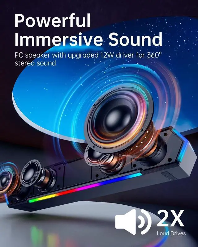 Alt view image 5 of 6 - Bazivve V30 Computer Speakers for Monitor, USB Powered PC Speakers, Colorful RGB Lights with Touch Pad, Surround Sound Portable Gaming Soundbar, 3,5mm Audio Desktop Speakers, 12W, Black