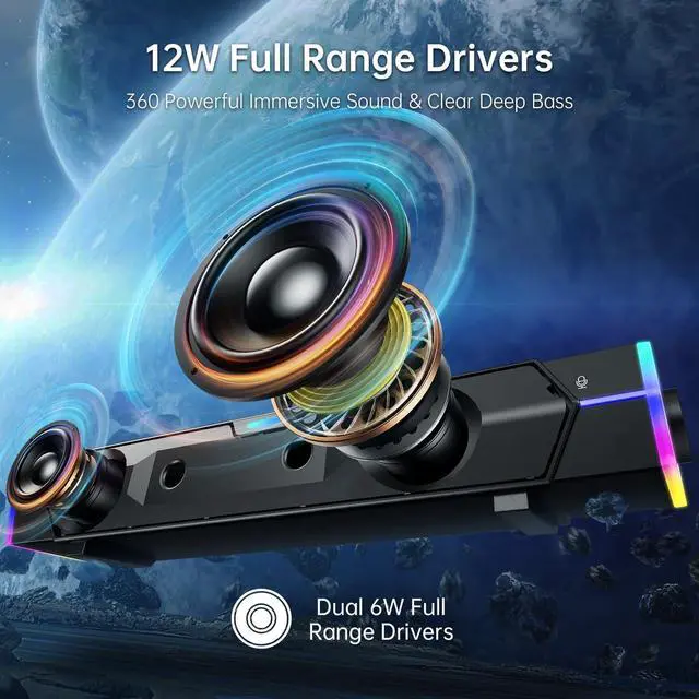 Alt view image 5 of 7 - Fishcovers Computer Speakers for Desktop with Microphone, Bluetooth PC Speaker for Laptop, USB Powered RGB SoundBar, HiFi Stereo Gaming Speakers for Monitor