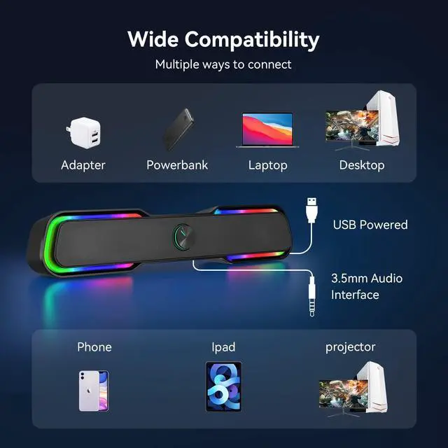 Alt view image 4 of 7 - Computer Speakers for Desktop Monitor, USB Powered & 3.5mm Aux-in Dynamic RGB Gaming Stereo Sound Bar for PC Laptop Tablet