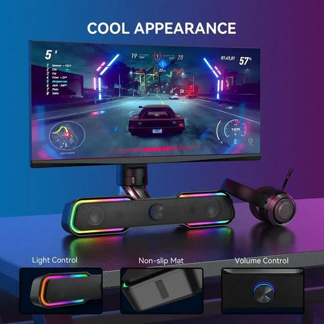 Alt view image 3 of 7 - Computer Speakers for Desktop Monitor, USB Powered & 3.5mm Aux-in Dynamic RGB Gaming Stereo Sound Bar for PC Laptop Tablet
