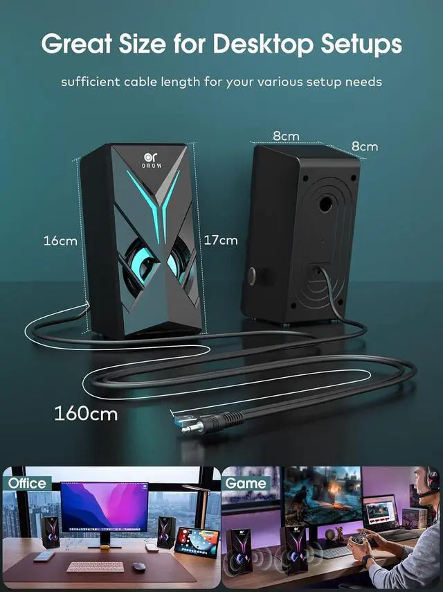 Alt view image 2 of 6 - OROW Computer Speakers,1OW Speakers for PC 2.0 Channel Gaming Speakers RGB Speakers for Monitor,3.5mm Aux Input Multimedia Desktop Speaker