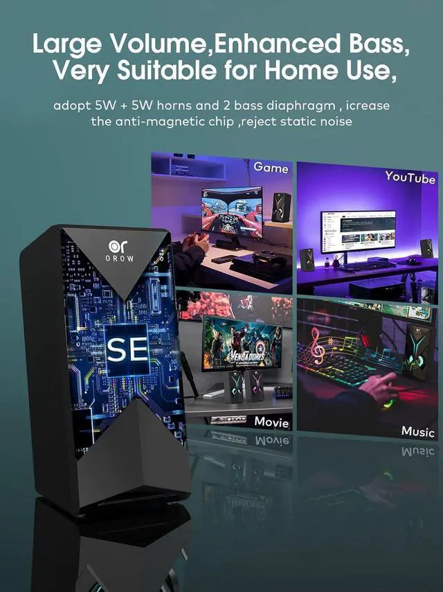 Alt view image 3 of 6 - OROW Computer Speakers,1OW Speakers for PC 2.0 Channel Gaming Speakers RGB Speakers for Monitor,3.5mm Aux Input Multimedia Desktop Speaker