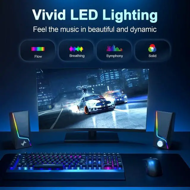 Alt view image 4 of 5 - Computer Speakers, PC Speakers with 6 Colorful LED Modes, USB Powered Computer Speakers for Desktop with 2 Bass-Boost Ports, 2 Speaker Units and 3.5mm Aux-in Cable for PC, Laptop, Tablet, Phone