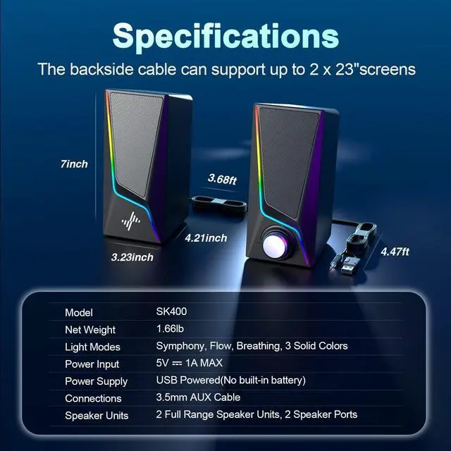 Alt view image 5 of 5 - Computer Speakers, PC Speakers with 6 Colorful LED Modes, USB Powered Computer Speakers for Desktop with 2 Bass-Boost Ports, 2 Speaker Units and 3.5mm Aux-in Cable for PC, Laptop, Tablet, Phone