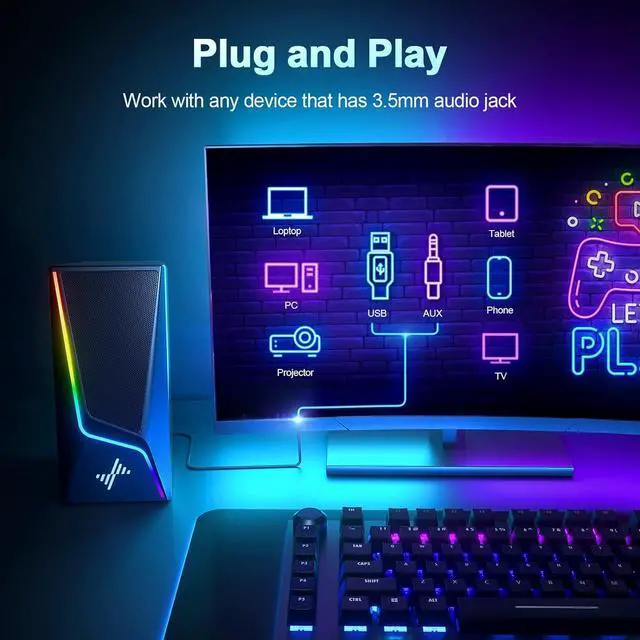 Alt view image 3 of 5 - Computer Speakers, PC Speakers with 6 Colorful LED Modes, USB Powered Computer Speakers for Desktop with 2 Bass-Boost Ports, 2 Speaker Units and 3.5mm Aux-in Cable for PC, Laptop, Tablet, Phone