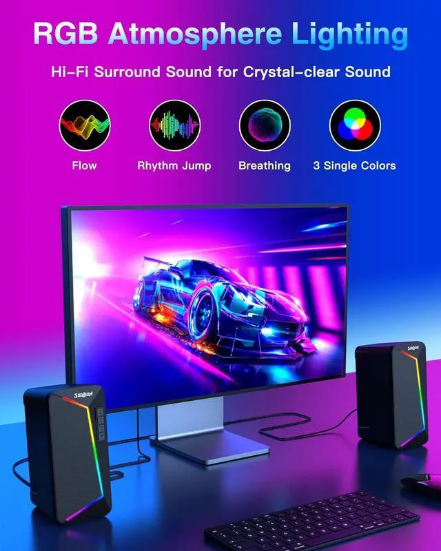 Alt view image 3 of 6 - SOULION R40 Computer Speakers, USB Surround PC Speakers for Desktop, 6 RGB Modes Gaming Speakers, Bluetooth 5.3 or 2-in-1 USB Audio for Laptop Tablet Monitor