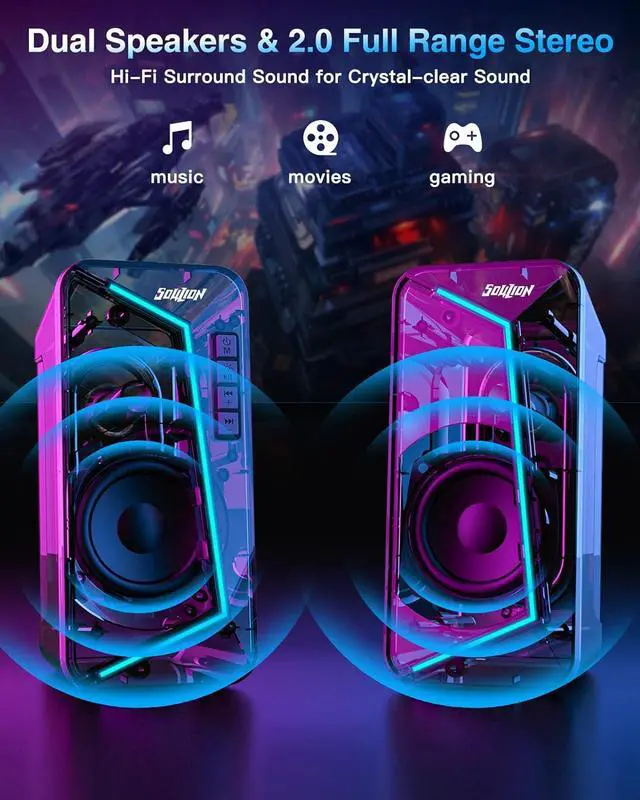 Alt view image 4 of 6 - SOULION R40 Computer Speakers, USB Surround PC Speakers for Desktop, 6 RGB Modes Gaming Speakers, Bluetooth 5.3 or 2-in-1 USB Audio for Laptop Tablet Monitor