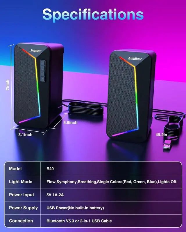 Alt view image 6 of 6 - SOULION R40 Computer Speakers, USB Surround PC Speakers for Desktop, 6 RGB Modes Gaming Speakers, Bluetooth 5.3 or 2-in-1 USB Audio for Laptop Tablet Monitor