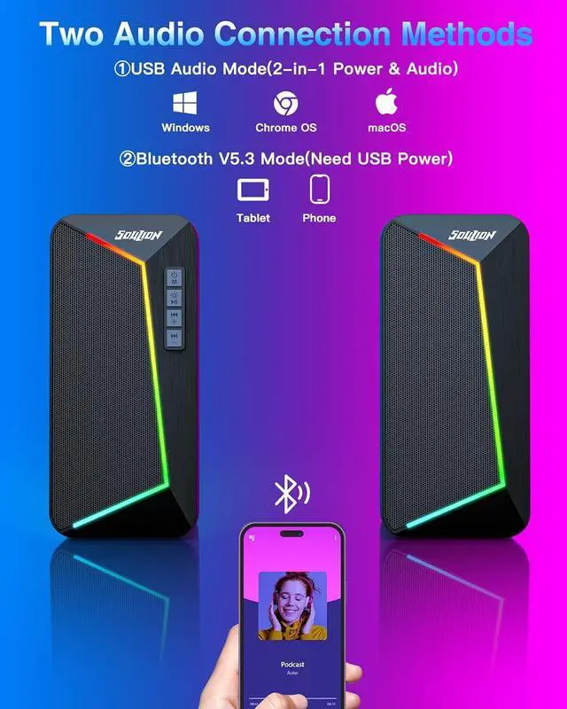 Alt view image 2 of 6 - SOULION R40 Computer Speakers, USB Surround PC Speakers for Desktop, 6 RGB Modes Gaming Speakers, Bluetooth 5.3 or 2-in-1 USB Audio for Laptop Tablet Monitor
