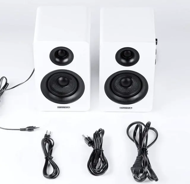 Alt view image 2 of 7 - Sanyun SW208 3" Active Bluetooth 5.0 Bookshelf Speakers  60W Carbon Fiber Speaker Unit - Built-in 24bit DAC - Dynamic 3D Surround Sound  2.0 Computer PC Monitor Gaming Speakers (Pair, White)