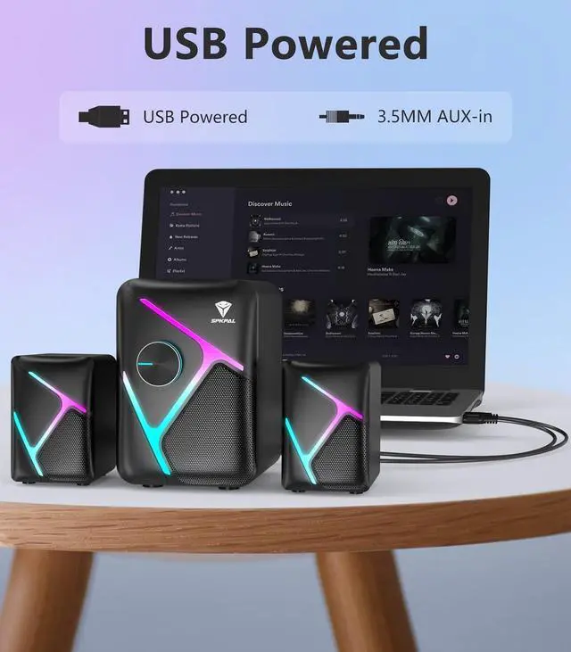 Alt view image 3 of 6 - SPKPAL 2.1 Computer Speakers for Desktop with Subwoofer, Dynamic RGB PC Speakers with 11W Stereo Sound, USB Powered Multimedia Speaker System with 3.5mm AUX-in for Laptop, Tablet, Monitor, Phone